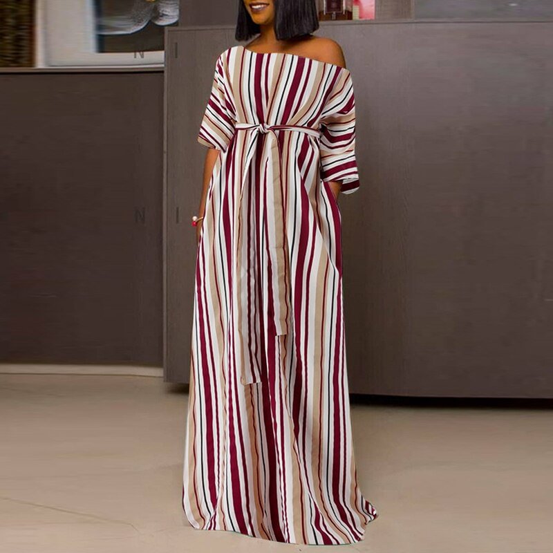 Celmia Off Shoulder Women Dress 2022 Summer Half Sleeve Striped Fashion Robe Longue Holiday Casual Bandage Waist Maxi Vestidos