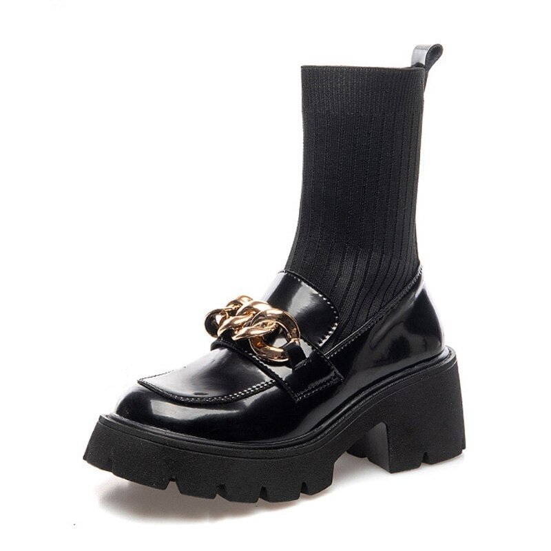 CXJYWMJL Women Autumn Sock Boots British Style Genuine Leather Ankle Boots Ladies Winter Shoes Platform Metal Chain Booties