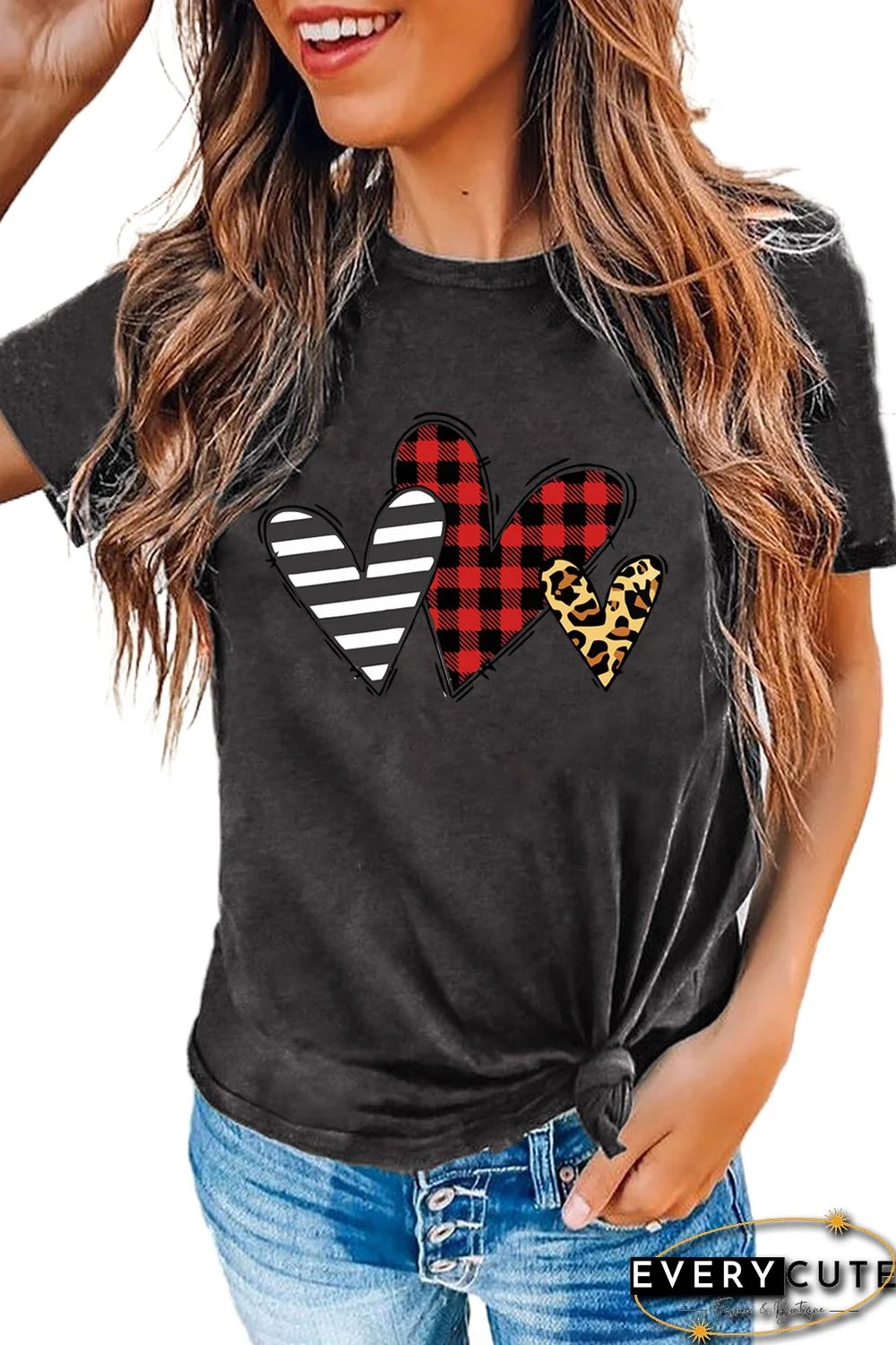 Gray Striped Plaid Leopard Heart-shaped Print Graphic Tee