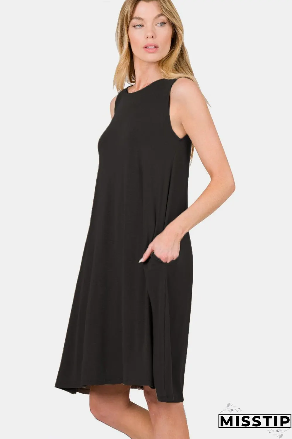 Zenana Full Size Sleeveless Flared Dress with Side Pockets