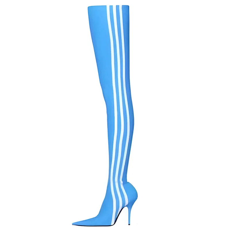 Women's Pointed Toe Three-Stripe Striped High-Tube Skinny Leg Elastic Boots Sexy Over-The-Knee Boots Novameme