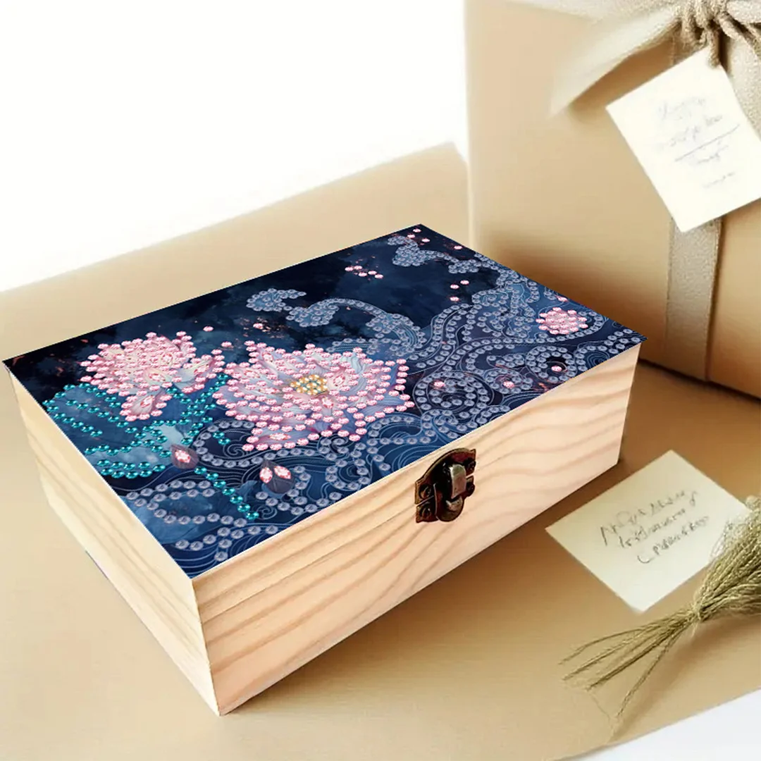 5D DIY Diamond Painting Handmade Wood Storage Box for Home Decor Craft (Lotus)