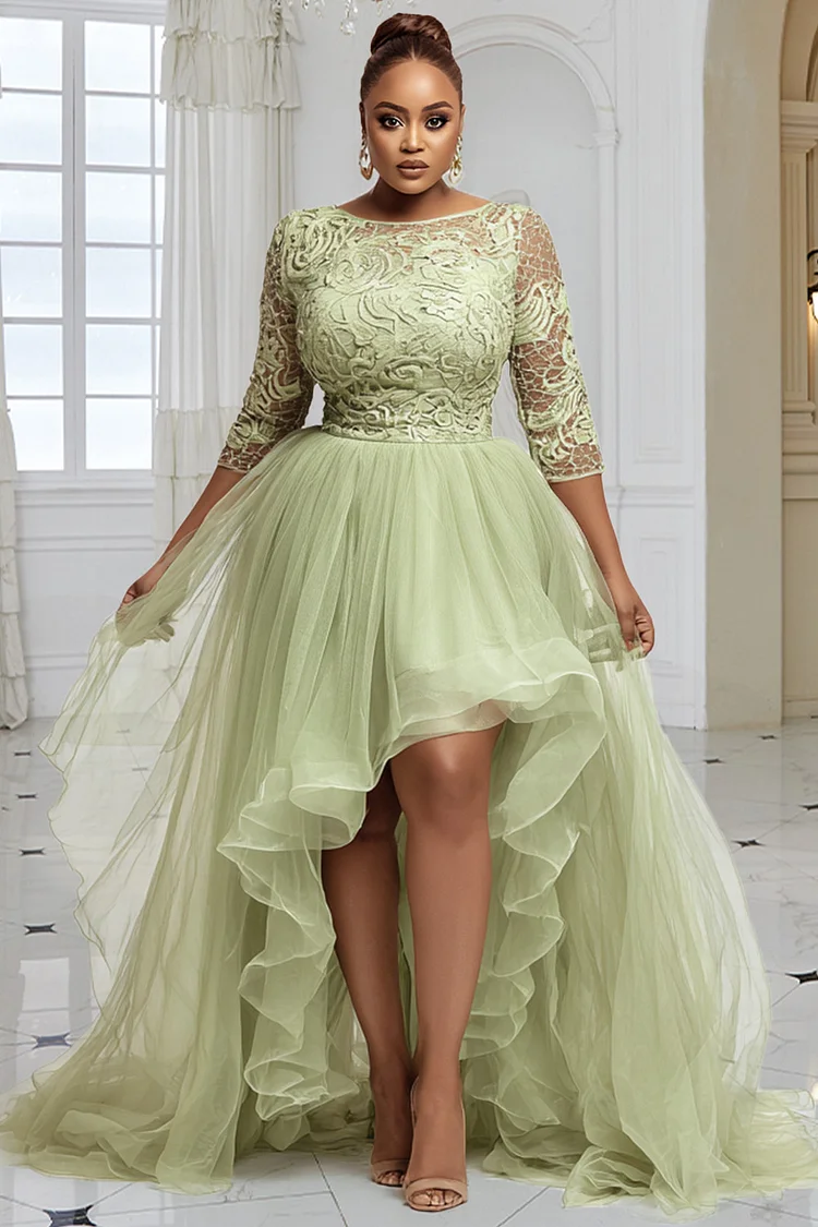 Xpluswear Design Plus Size Formal Lace Sage Green Round Neck 3/4 Sleeve High Low Hem Ruffle Tulle Maxi Dresses [Pre-Order] 2024 - Xpluswear