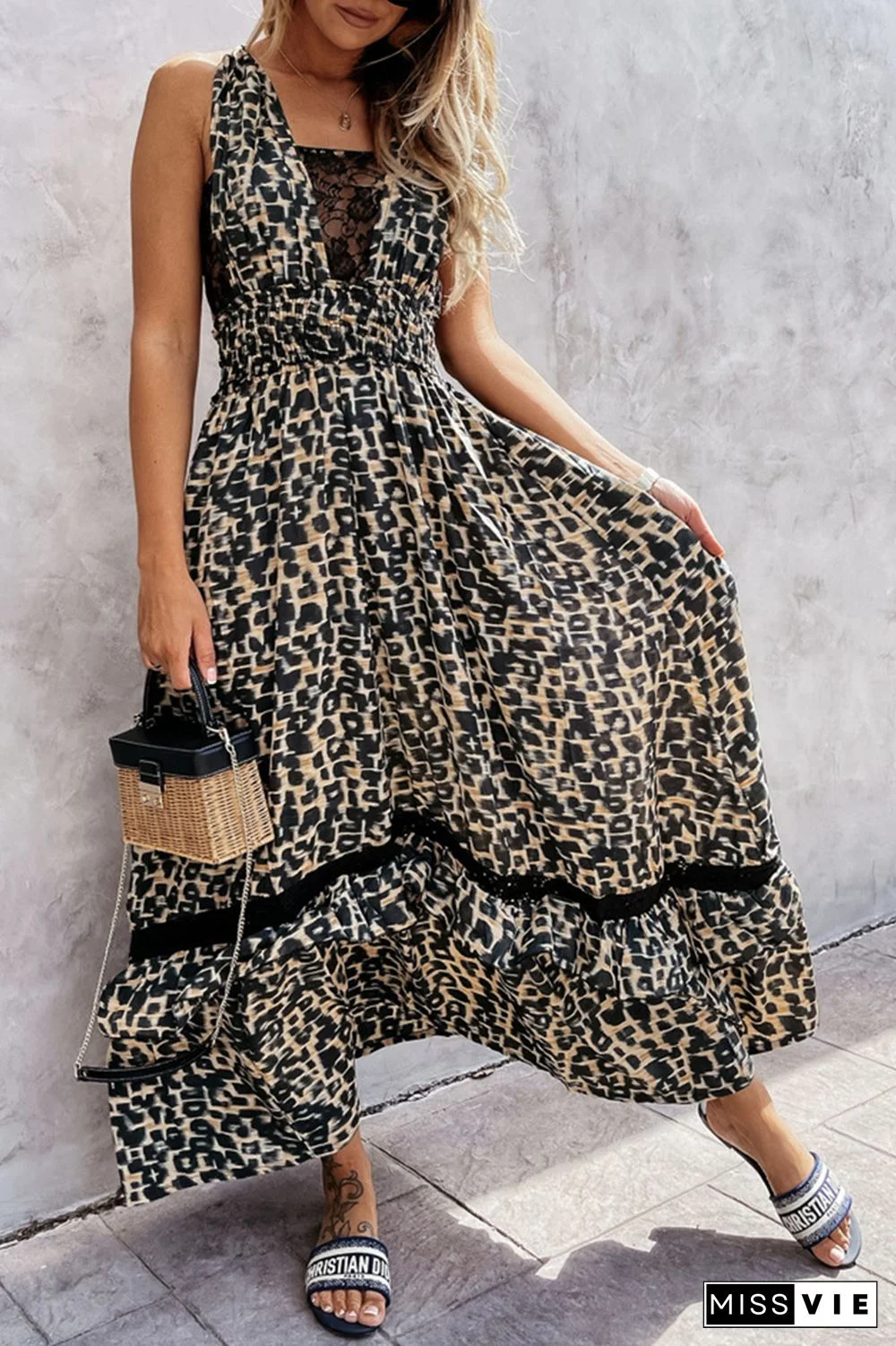 Elegant Leopard Lace Hollowed Out Backless A Line Dresses