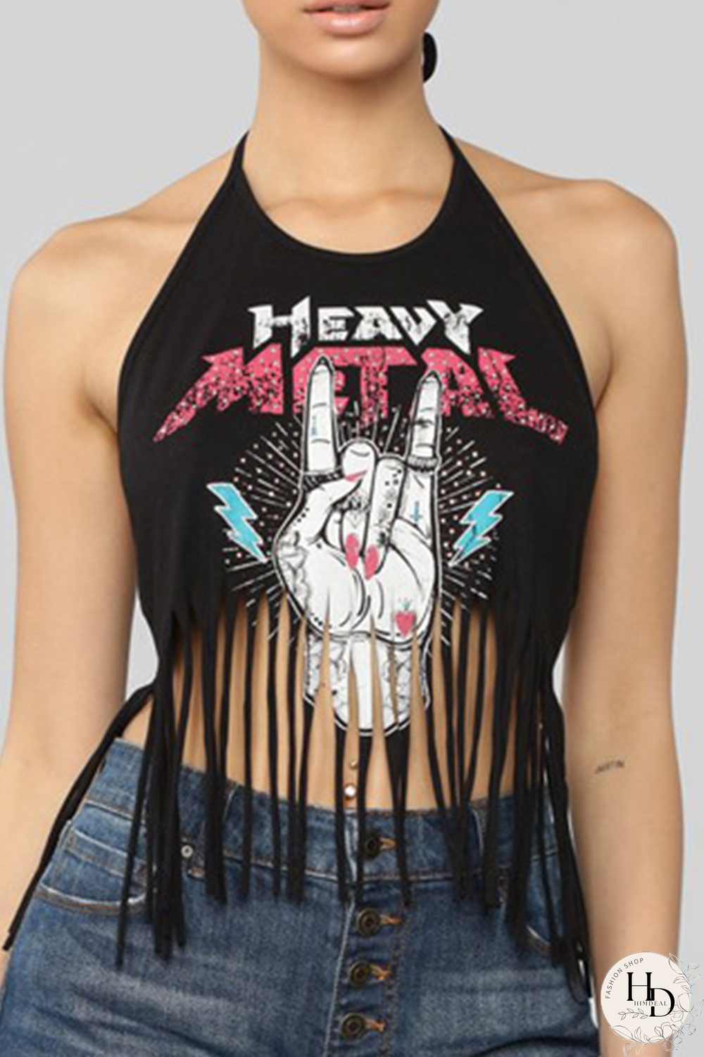 Black Sexy Print Tassel Halter Tops