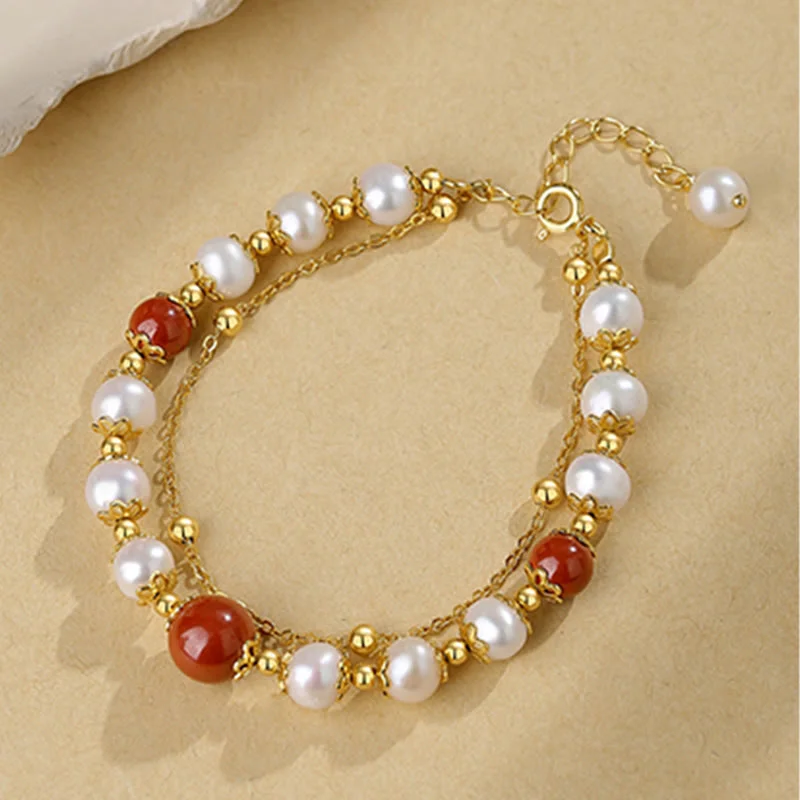 925 Sterling Silver Pearl Cinnabar Wisdom Bead Double Layer Chain Bracelet