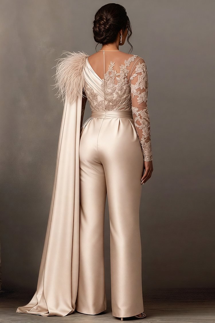 Xpluswear Design Plus Size Formal Lace Champagne Round Neck Long Sleeve Feather Elegant See Through Satin Jumpsuits [Pre-Order]
