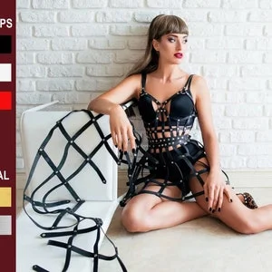 pornhint Pornhint Caged fetish harness leather dress two skirt variations long/short and open top for party, Adjustable crotchless body harness for women