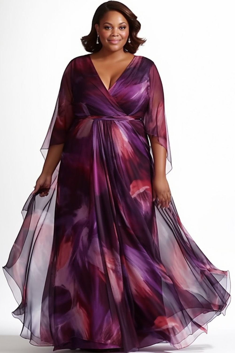 Design Plus Size Mother Of The Bride Elegant Purple All Over Print Wrap Neck 3/4 Sleeve Flounce Chiffon Maxi Dresses [Pre-Order]