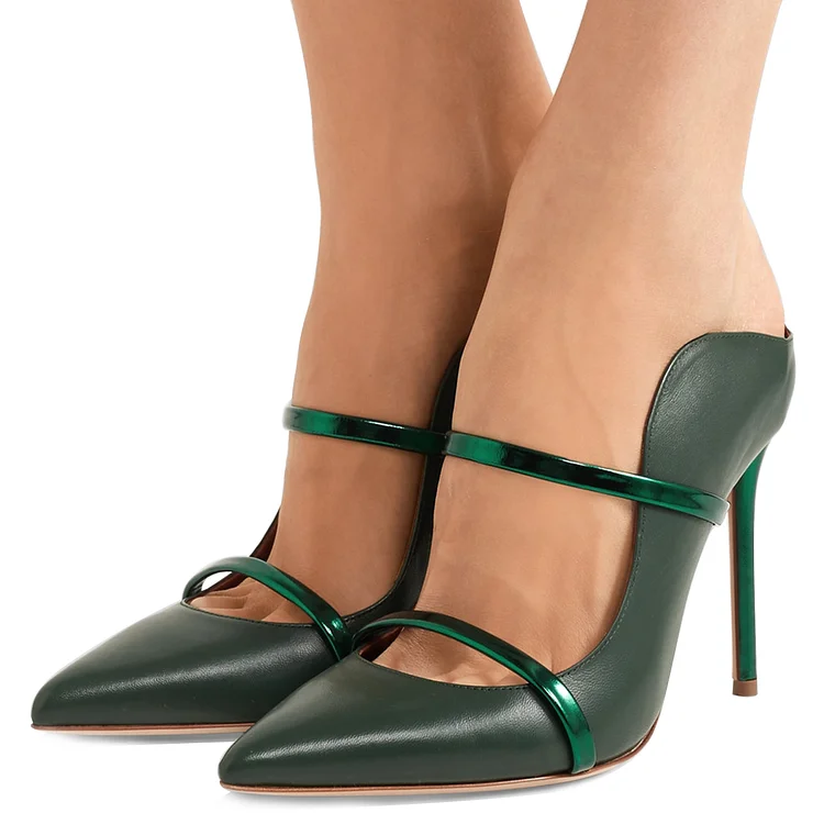 Dark Green Pointed Toe Double Strap Stiletto Heel Mules Shoes |FSJ Shoes