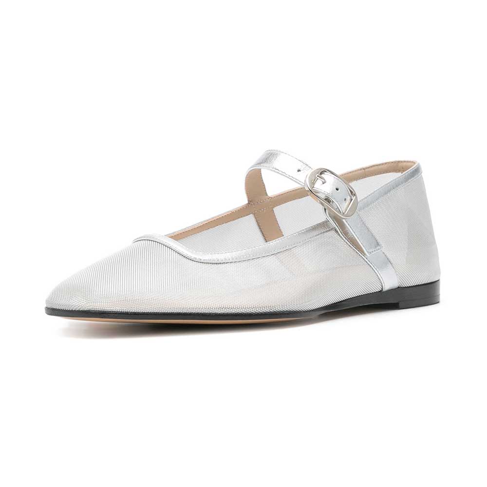  Silver Mesh Buckle Fastening Metallic Touch Strap Flat Mary Janes    Nicepairs