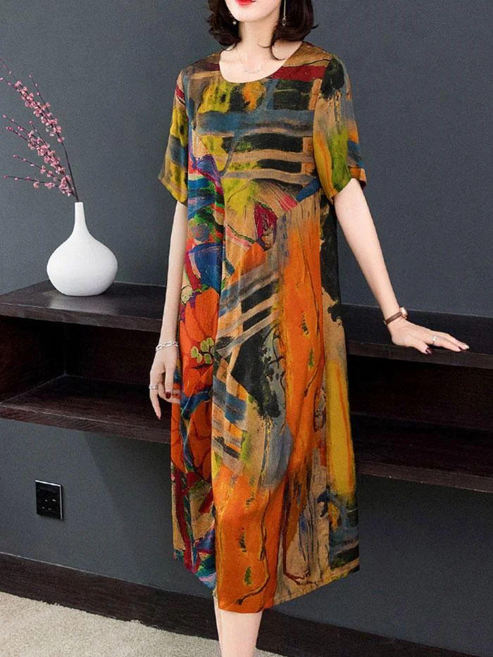 Women's new retro style color imitation silk dress
