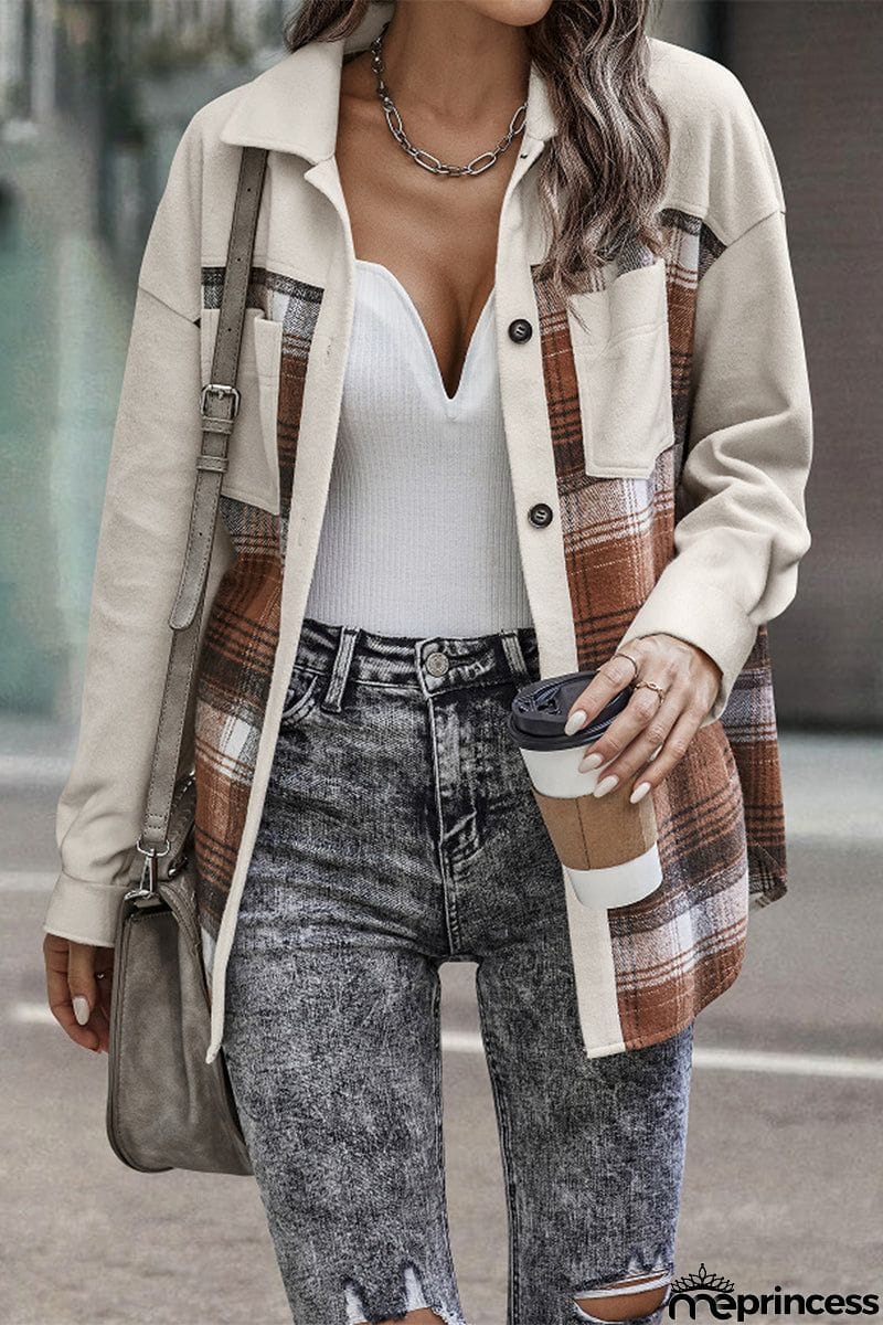 Street Plaid Patchwork Pocket Turndown Collar Blouses(3 Colors)