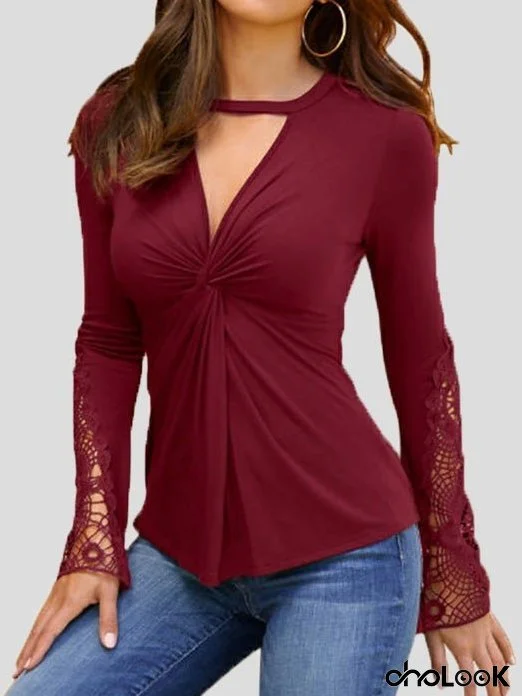 Women's T-Shirts Deep V Neck Lace Panel Long Sleeve T-Shirts
