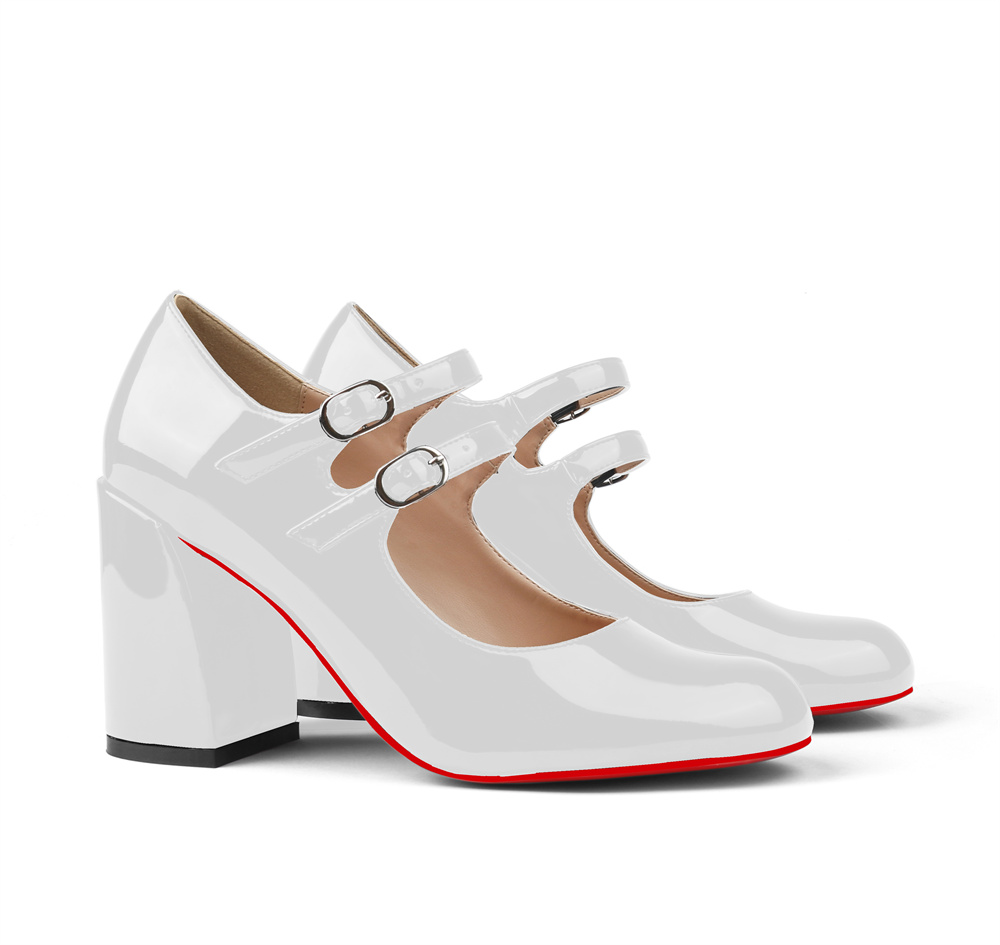 85mm Chunky Low Block Heels Mary Jane Closed Toe Work Pumps Comfortable Round Toe Dress Wedding Red Bottom Shoes-vocosishoes