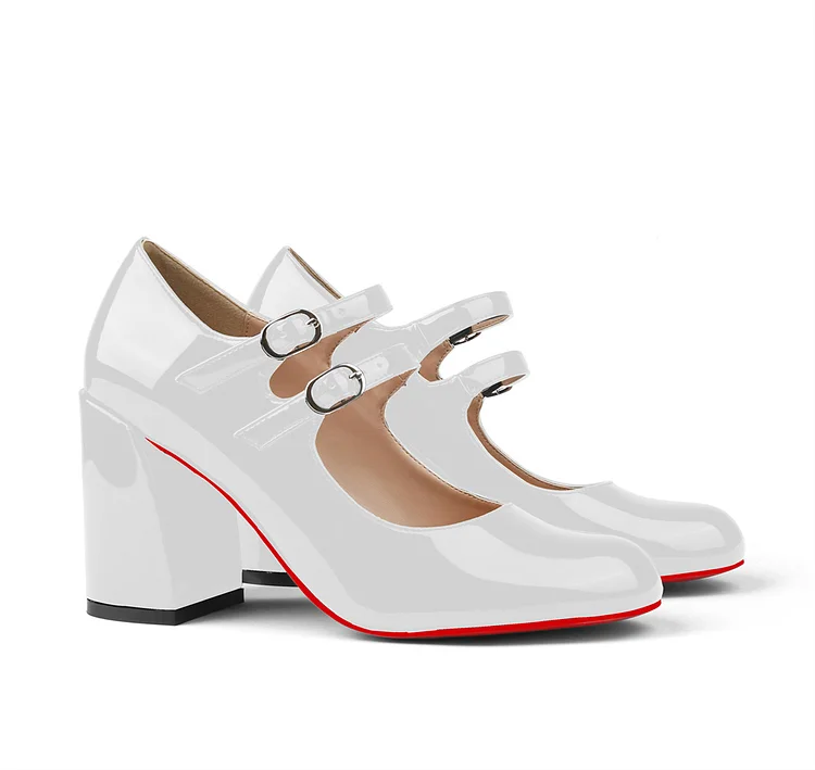85mm Chunky Low Block Heels Mary Jane Closed Toe Work Pumps Comfortable Round Toe Dress Wedding Red Bottom Shoes VOCOSI VOCOSI