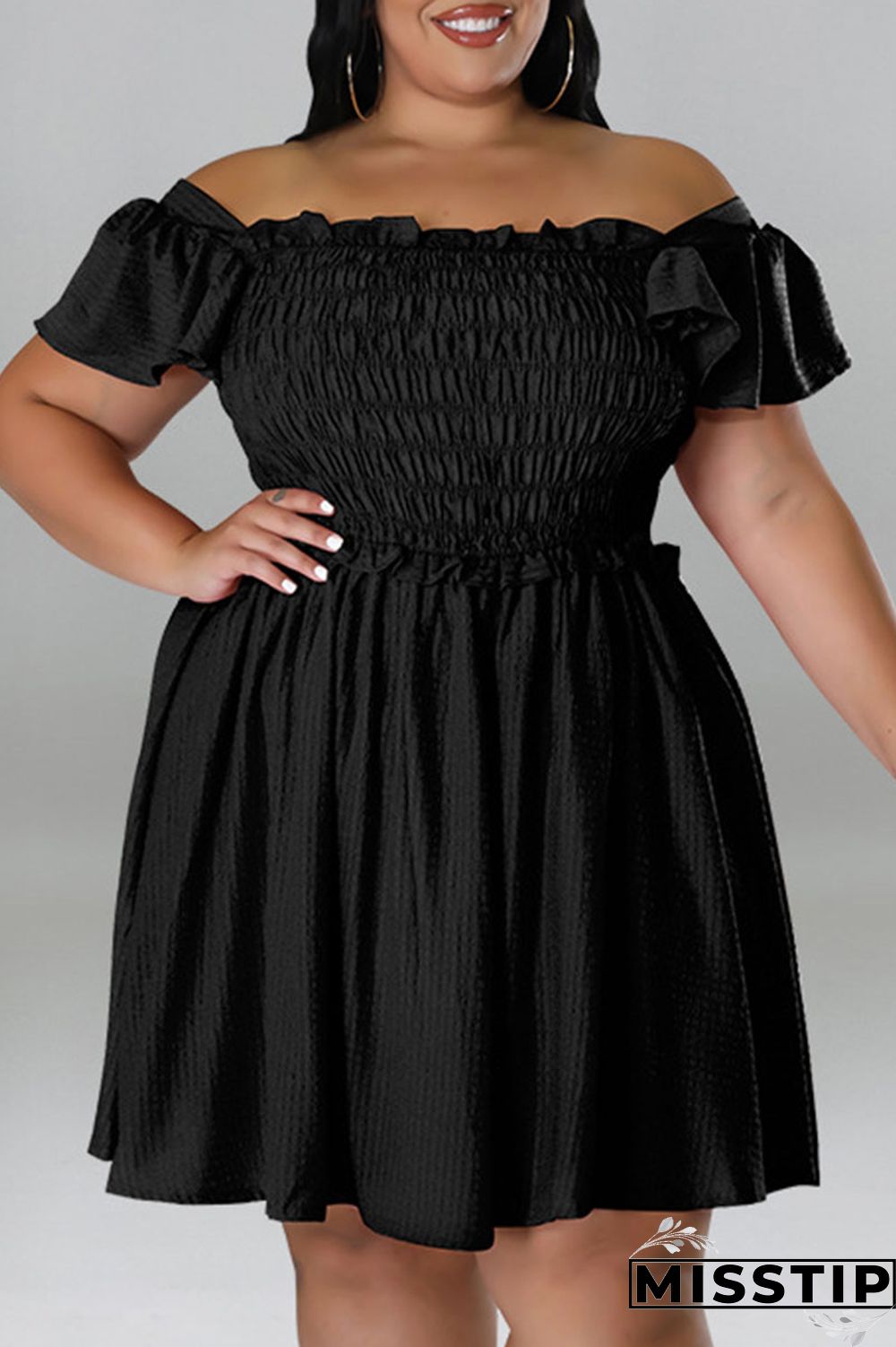 Rose Red Casual Sweet Solid Patchwork Fold Off the Shoulder A Line Plus Size Dresses