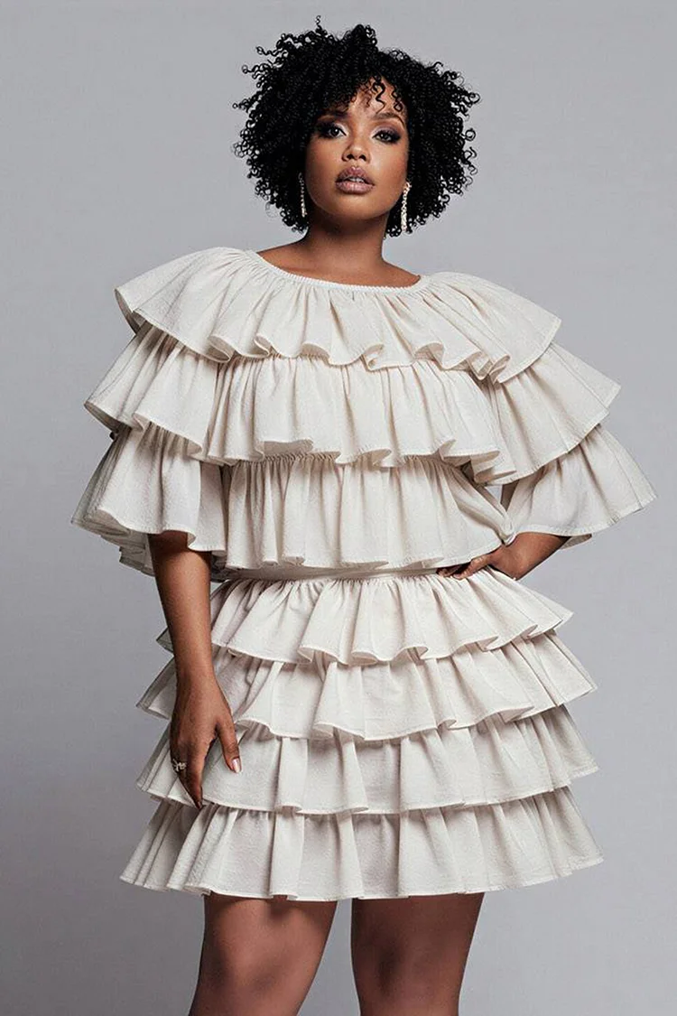Xpluswear Design Plus Size Party Elegant Beige Round Neck Short Sleeve Ruffle Tiered Mini Dresses [Pre-Order] 2024 - Xpluswear