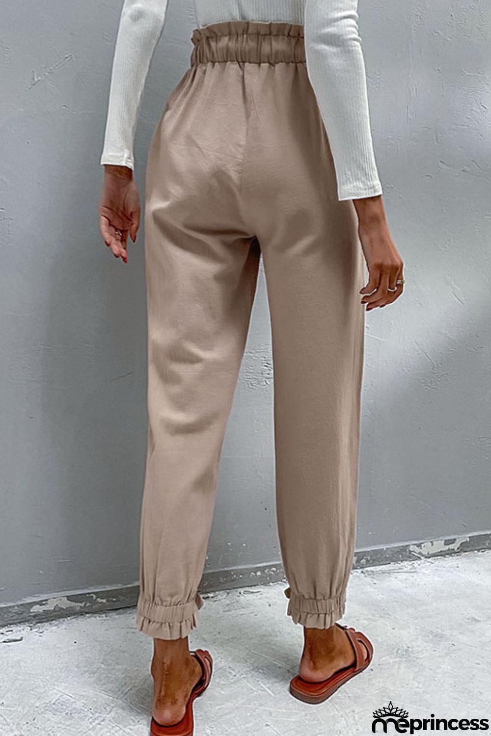 Drawstring Paperbag Waist Button Detail Pants