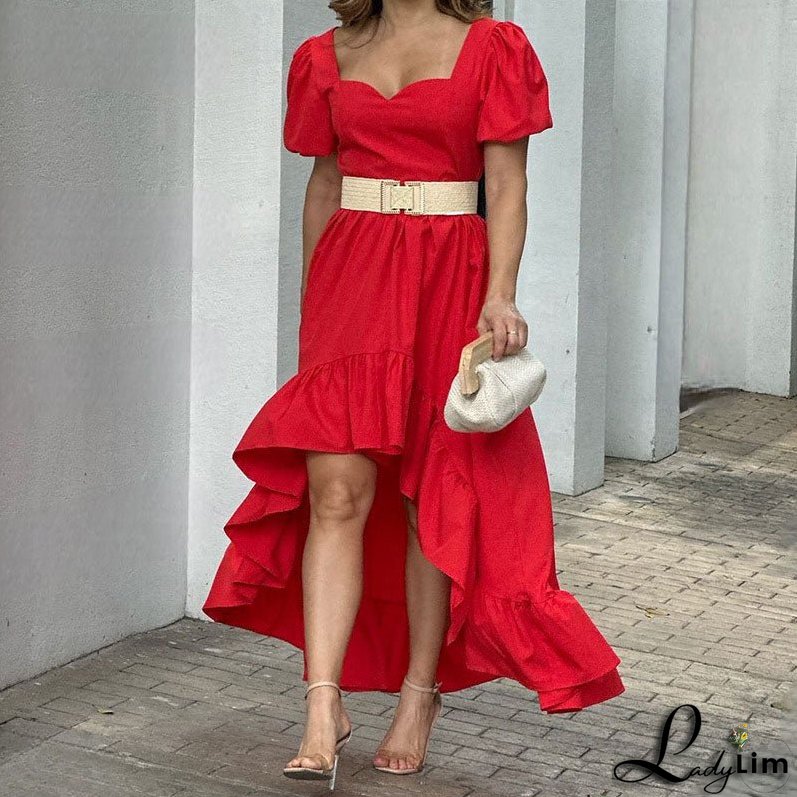 Women Elegant Square Neck Solid Ruffles Dress