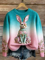 Botanical Floral Rabbit Pattern Gradient Cozy Knit Sweater