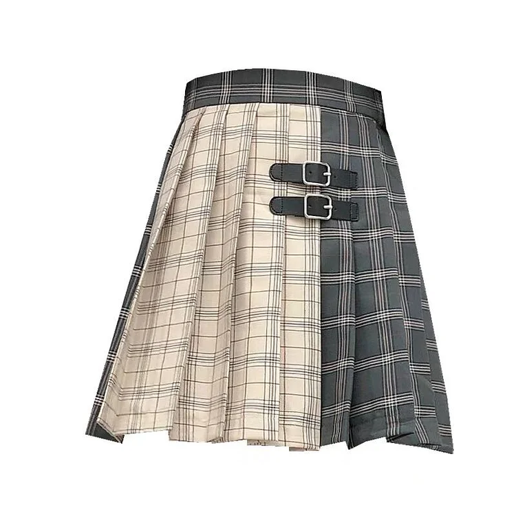 Grunge Two Tone Double Buckle Pleated Plaid Mini Skirt