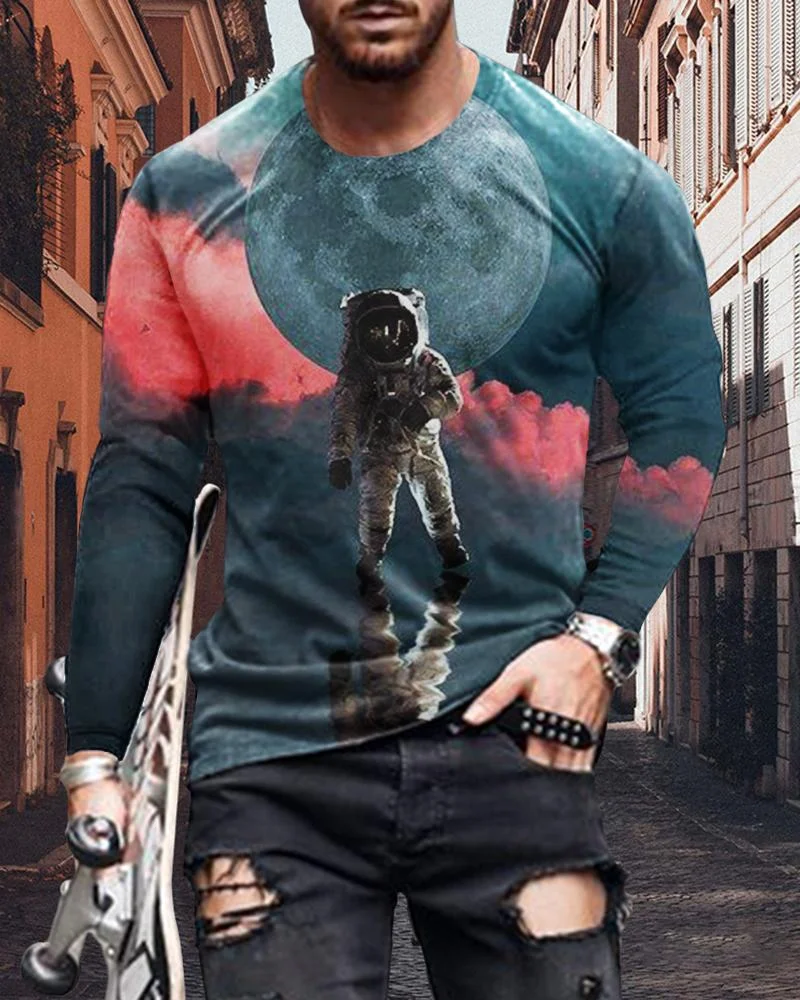 Men's Fashion Astronauts Printing Long-sleeved T-shirt