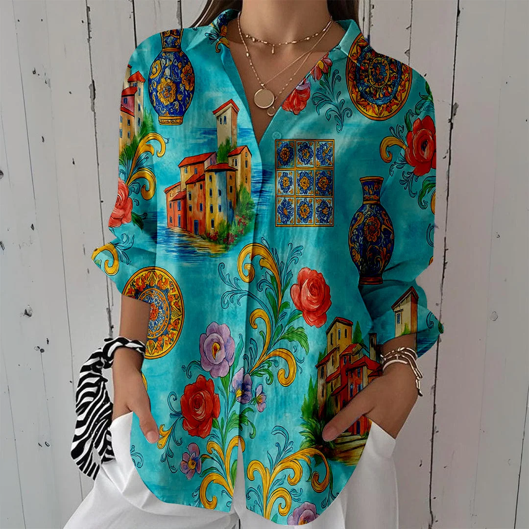 Style & Comfort for Mature Women Women Artistic, Blue, Red DZCL0110 3/4 Sleeve Shirt Collar Printed Button Tops
