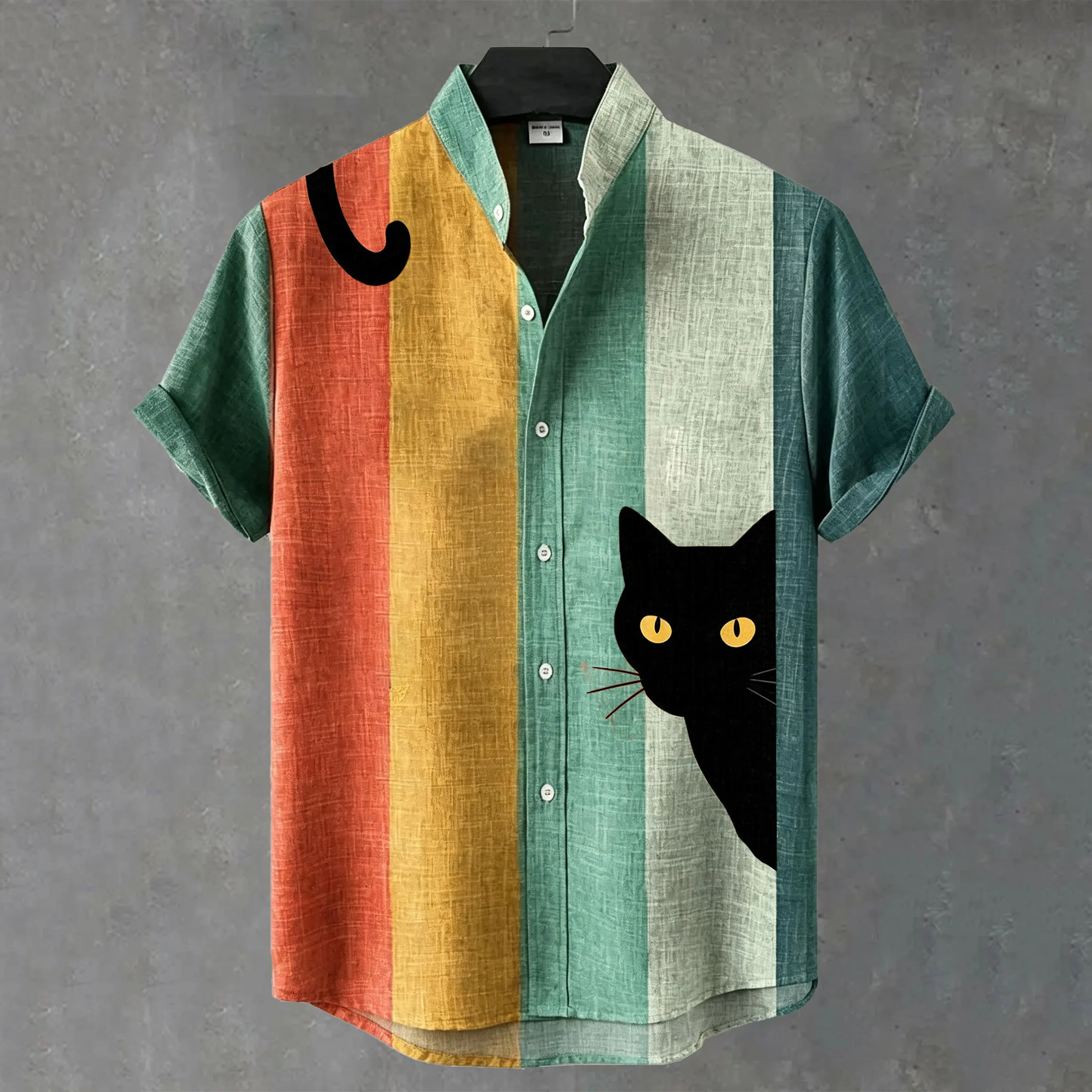 Men's Vintage Peeking Black Cat Contrast Stripes Art Casual Shirt  artssus