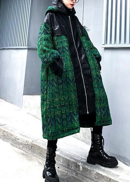 Aesthetic knitted coat trendy plus size green hooded zippered coats