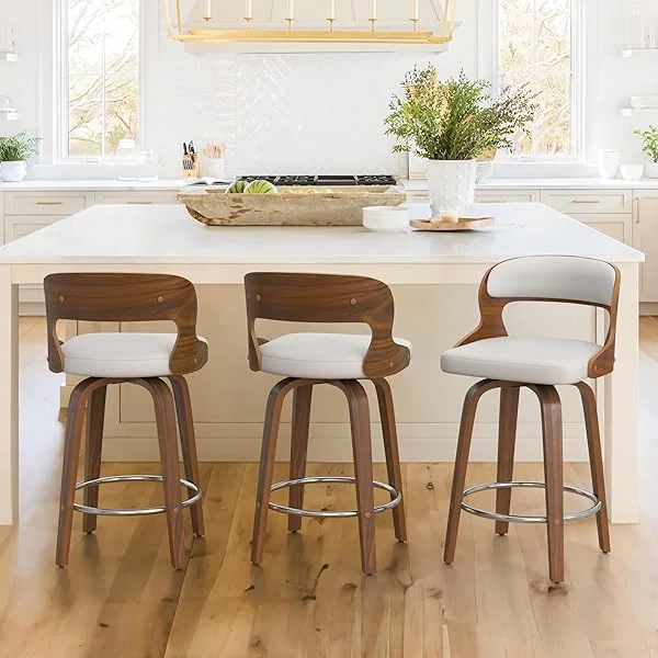 26" Counter Height Bar Stools, Mid Century Bar Stool with Solid Back, Barstools with Walnut Finish and Faux Leather Seat, 360-degree Swivel Bar Stools Set of 3, White White 3