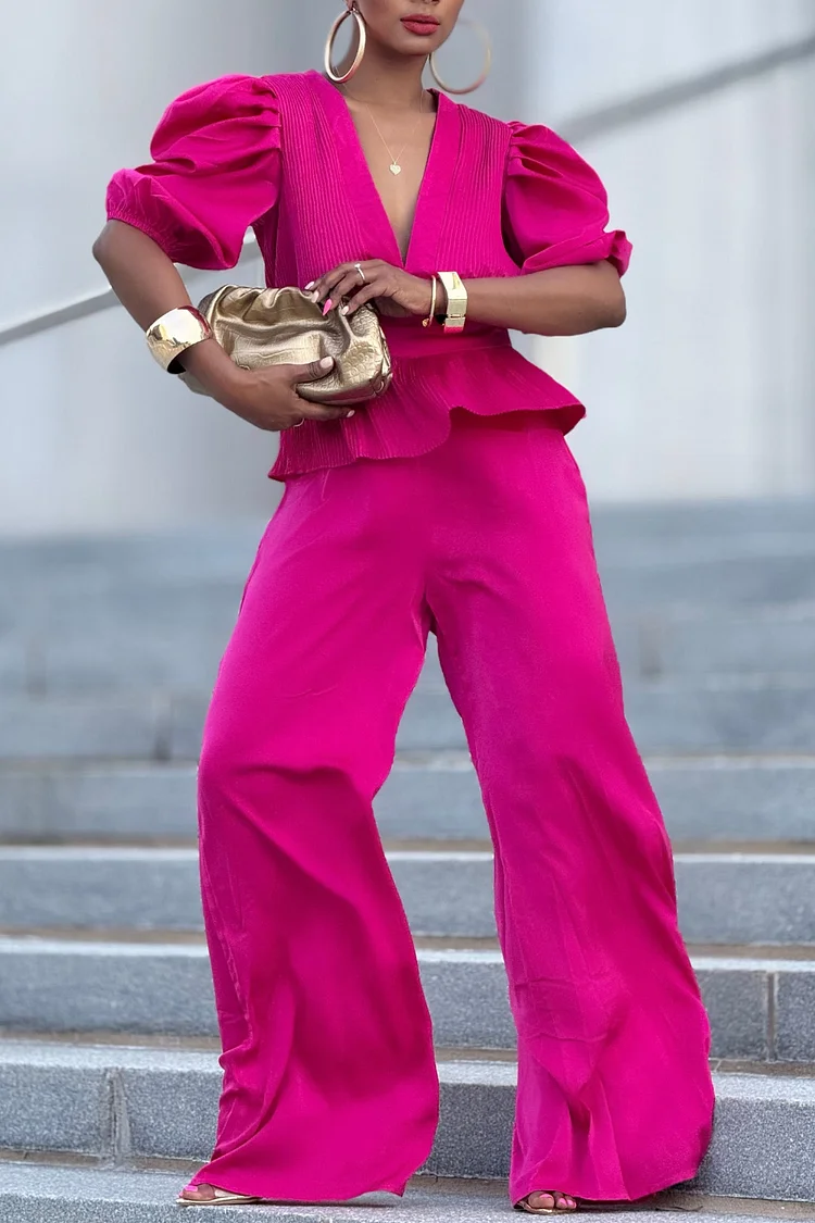 Plus Size Business Casual Hot Pink V Neck Puff Sleeve Short Sleeve Pocket Elegant Wide Leg Two Piece Pant Sets [Pre-Order] 2024 - Xpluswear