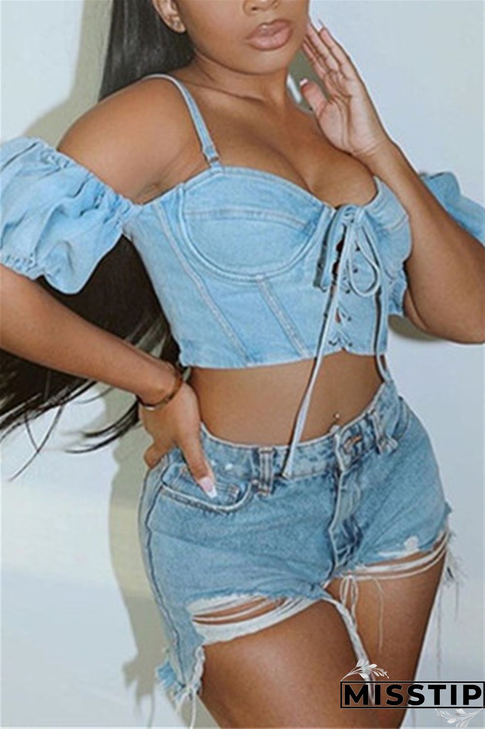 Light Blue Sexy Off Shoulder Denim Top