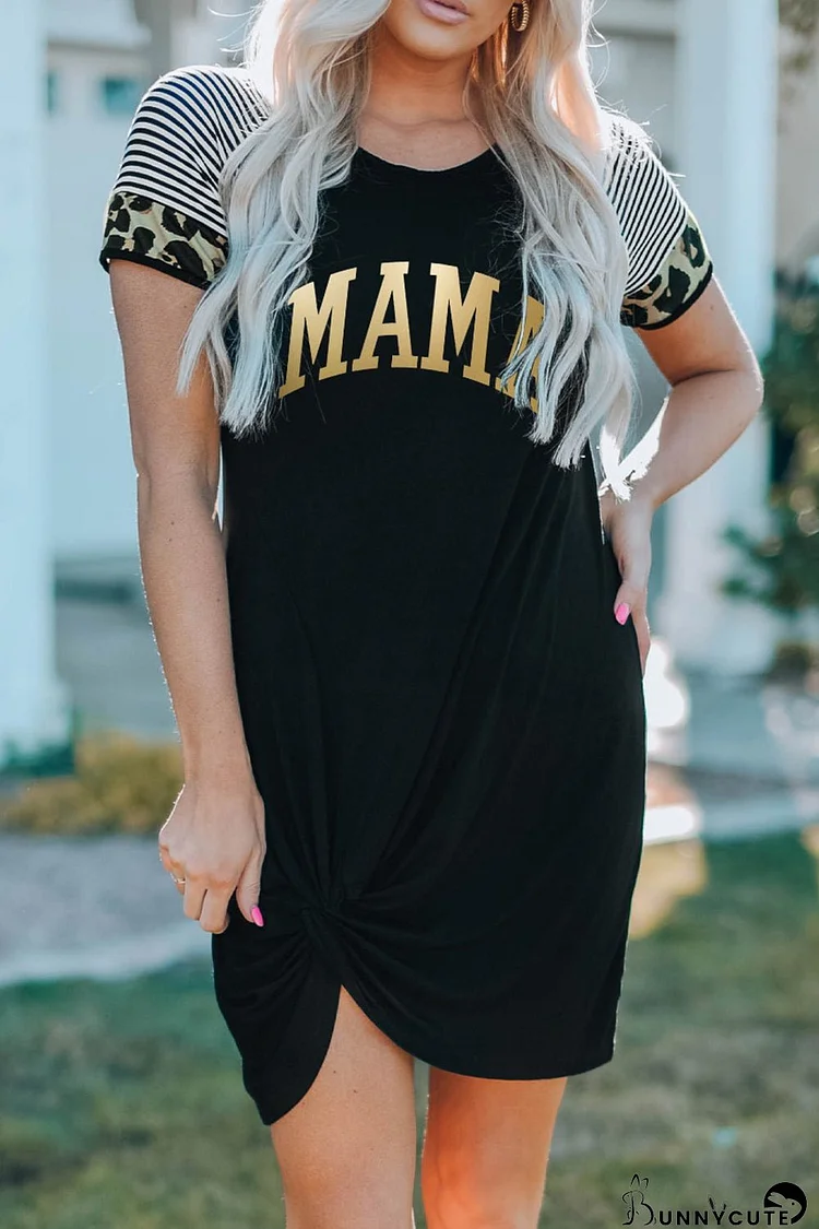 MAMA Graphic Striped Raglan Sleeve Twisted Dress