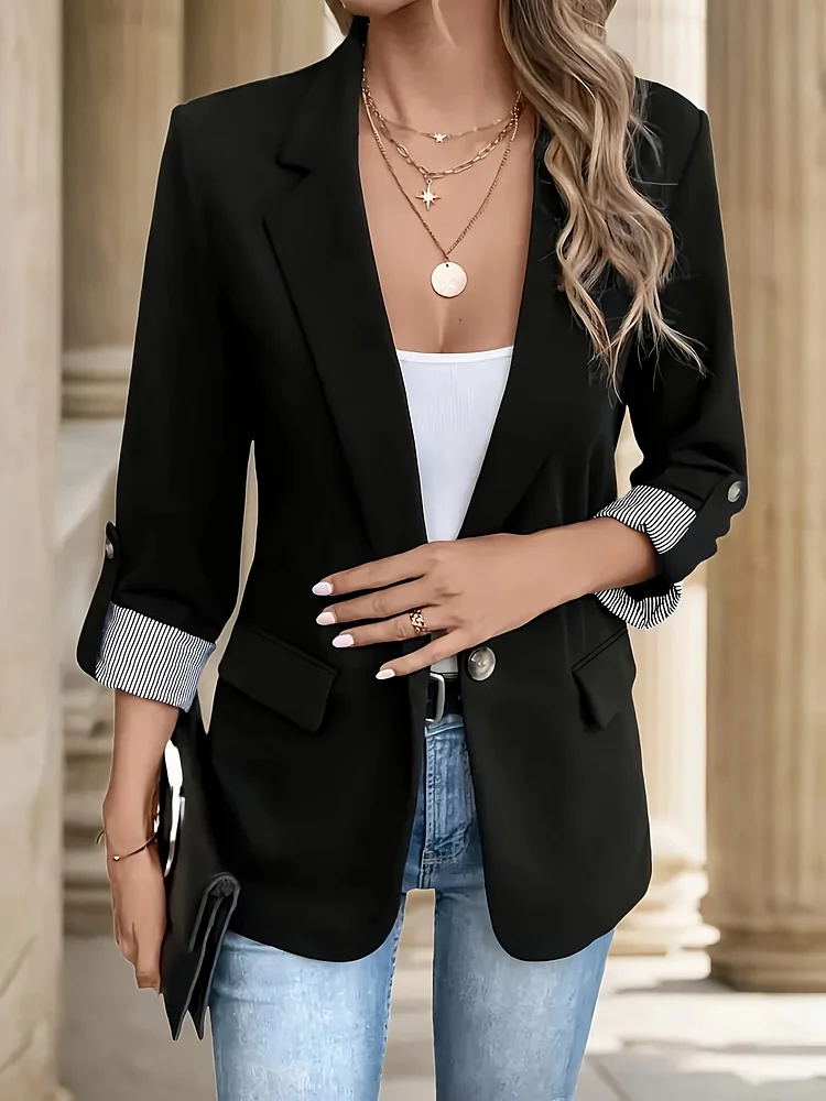 Polyester Chic Button Blazer - Slim Fit, Three-Quarter Rolled Sleeves, Machine Washable, Solid Color With Striped Accent