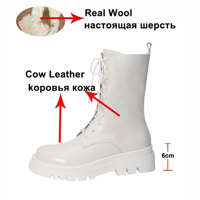 Meotina Real Leather High Heel Motorcycle Boots Woman Wool Platform Block Heel Ankle Boots Lace Up Short Boots Zip Lady Shoes 42