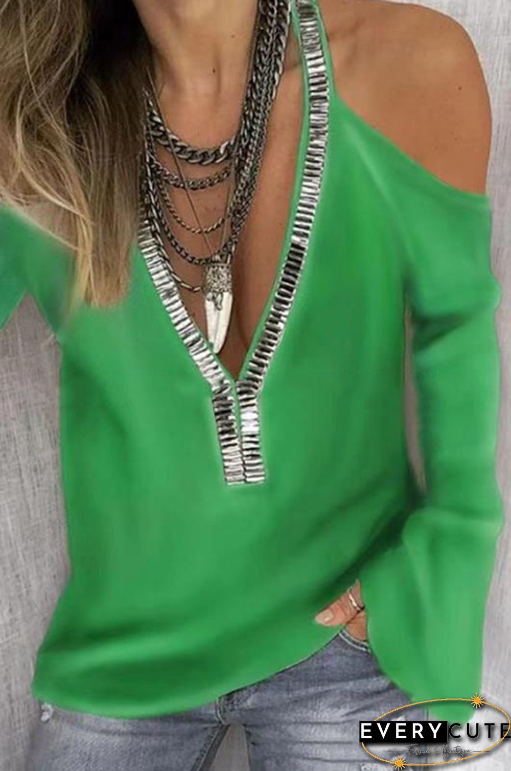 Plus Size S-5XL Autumn and Spring Women Fashion Blouse Casual Sequin Deep V-Neck Off Shoulder Long Sleeve Tops