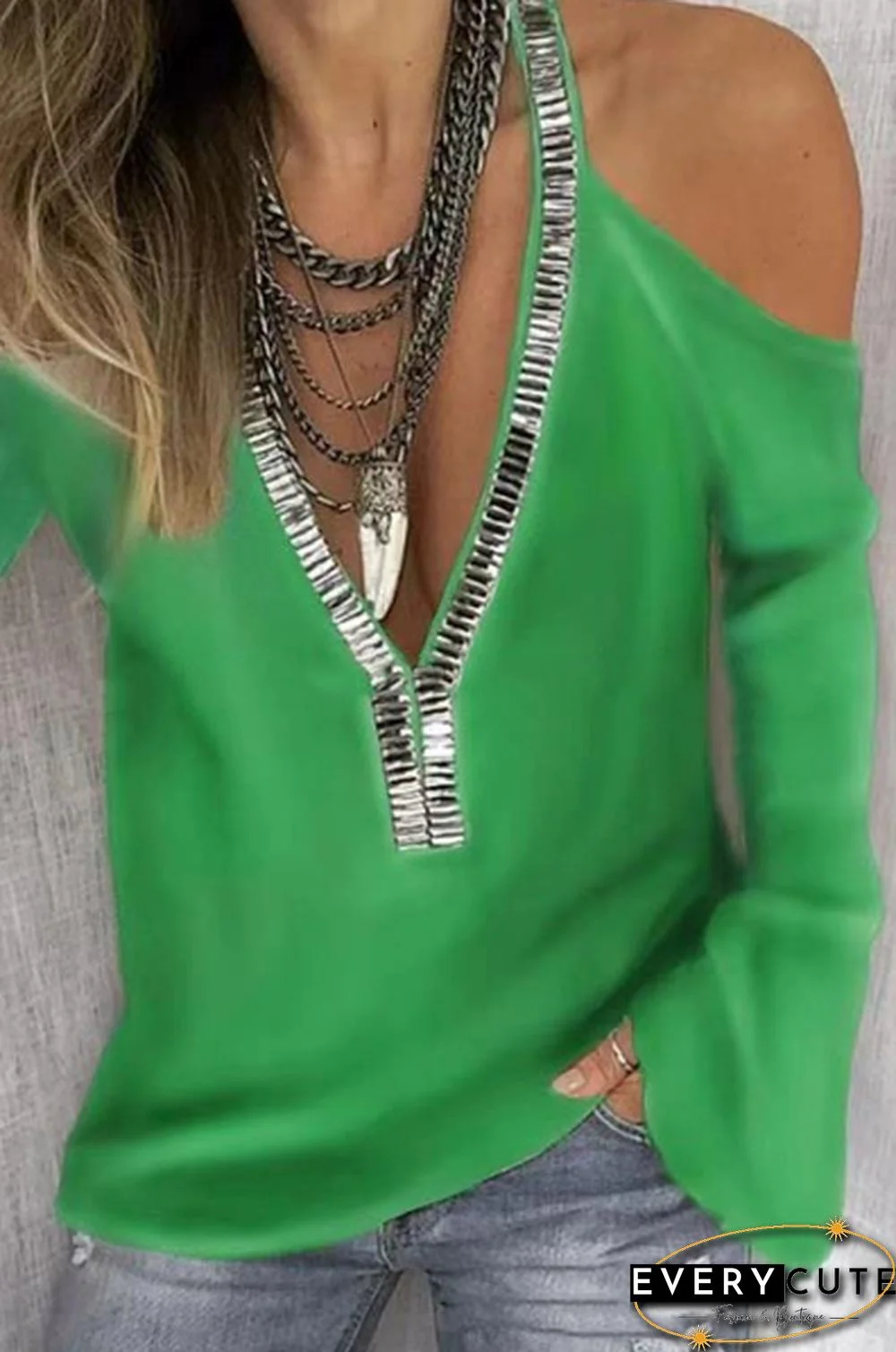 Plus Size S-5XL Autumn and Spring Women Fashion Blouse Casual Sequin Deep V-Neck Off Shoulder Long Sleeve Tops