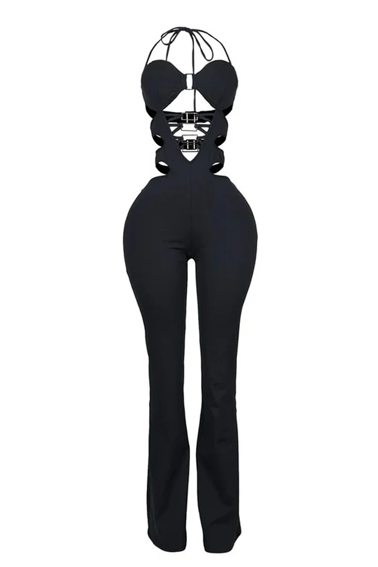 Cross Halter Lace-Up Cutout Party Straight Leg Jumpsuit-Black [Pre Order]