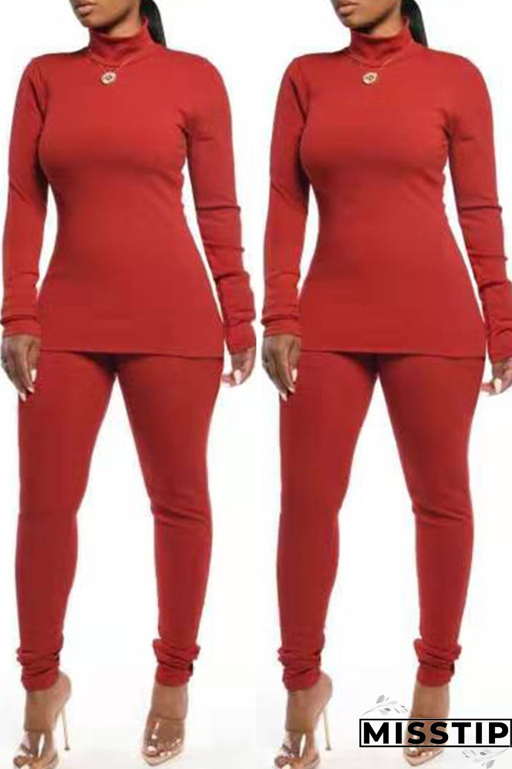 Orange Autumn And Winter Casual High Collar Solid Color Two-Piece Suit