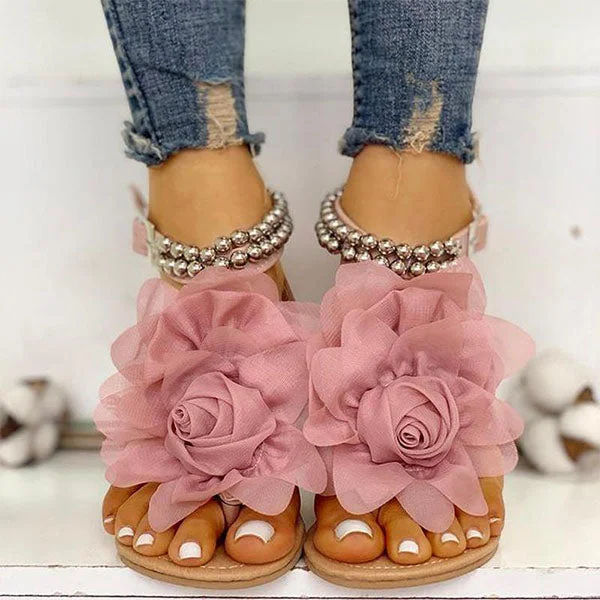 3D Flower String Beads Ankle Straps Flat Sandals