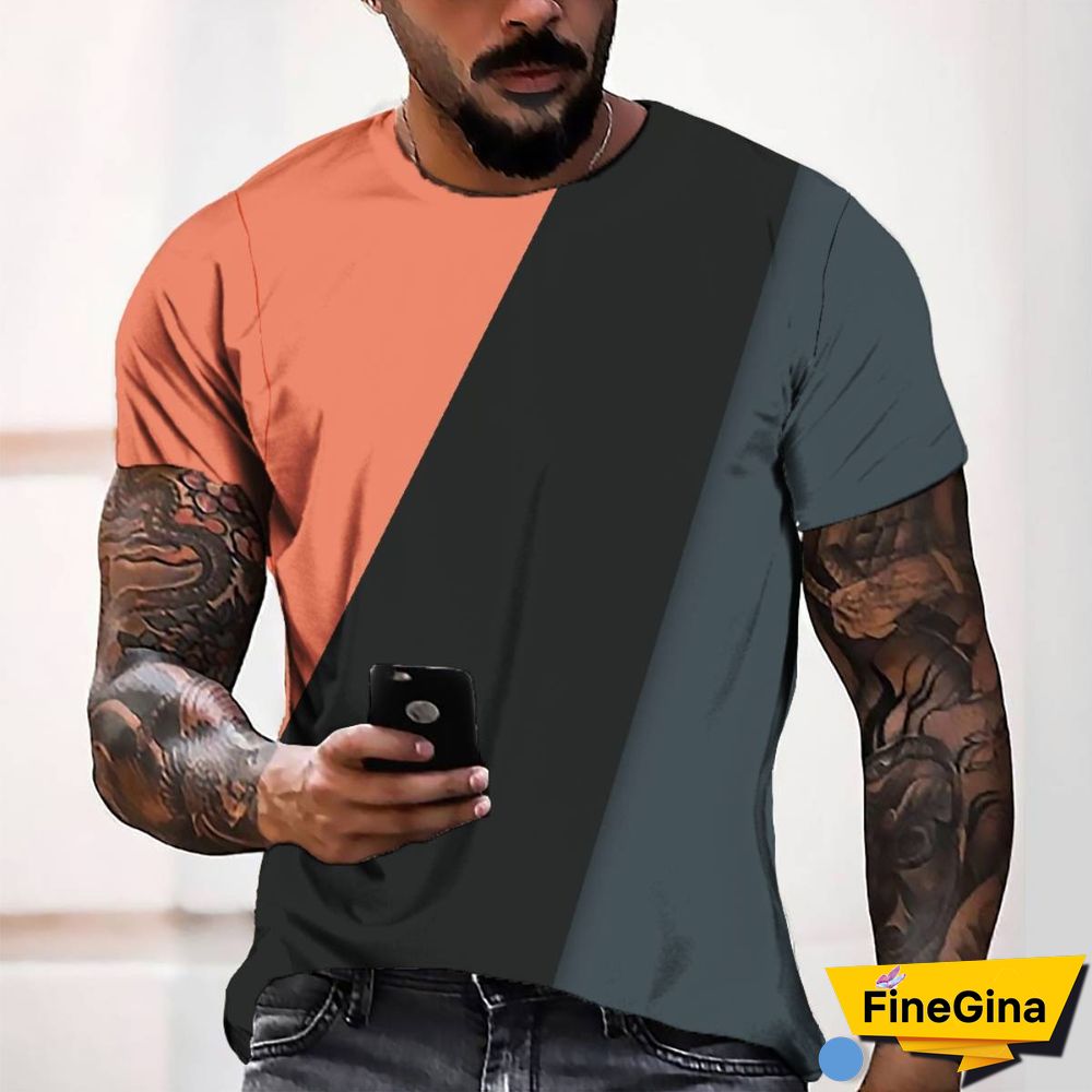 3D Digital Printing Three-color Block Simple Style Men's Casual Loose Short-sleeve T-shirt