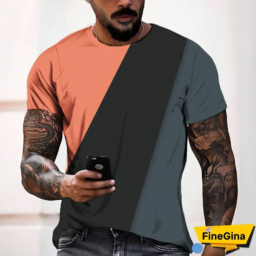 3D Digital Printing Three-color Block Simple Style Men's Casual Loose Short-sleeve T-shirt