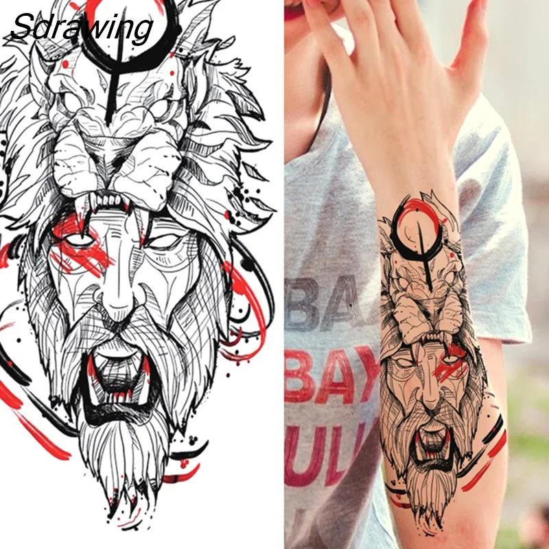 Sdrawing Tiger Temporary Tattoo For Men Women Fake Lion Half Sleeve Skull Tattoos Sticker Black Beast Flower Skeleton Tatoos Paste