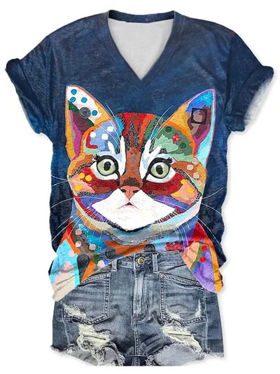 Women's Cat Print Short Sleeve T-Shirt