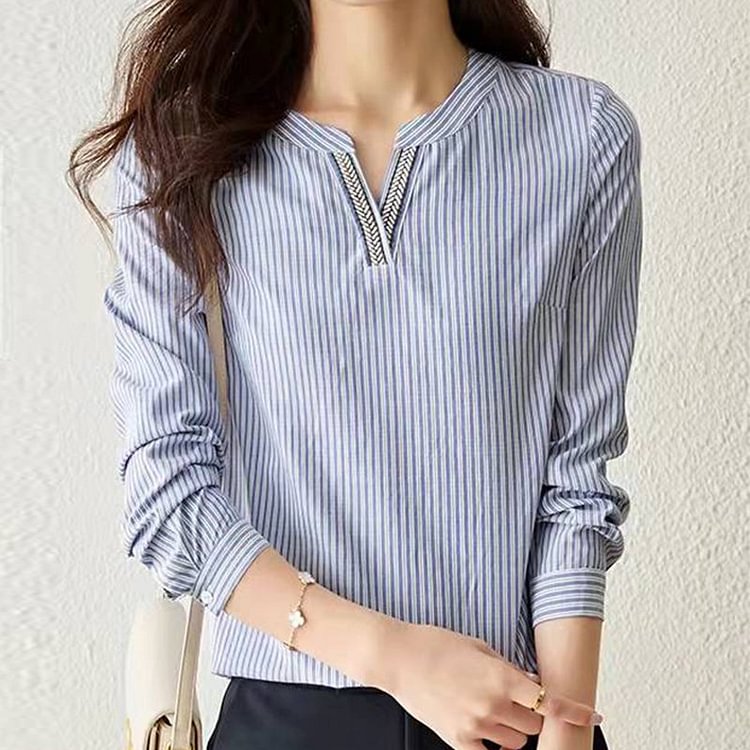 Blue White Striped Casual Shift Shirts & Tops QueenFunky