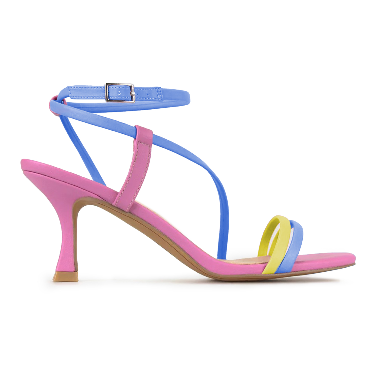 TAAFO Blue Pink Leather Women's Sandals Ankle Strap Open Toe Stiletto Buckle Dress Work Party Ladies Shoes 