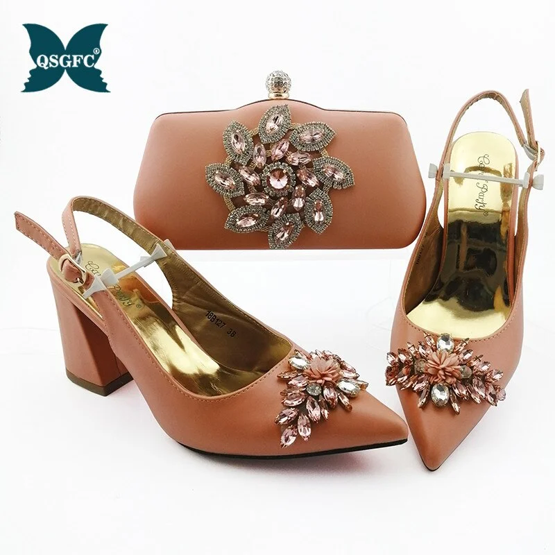 Italian Design New Arrival Nigerian Crystal and Appliques Decoration Style Women Shoes and Bag Set in Purple Color for Party