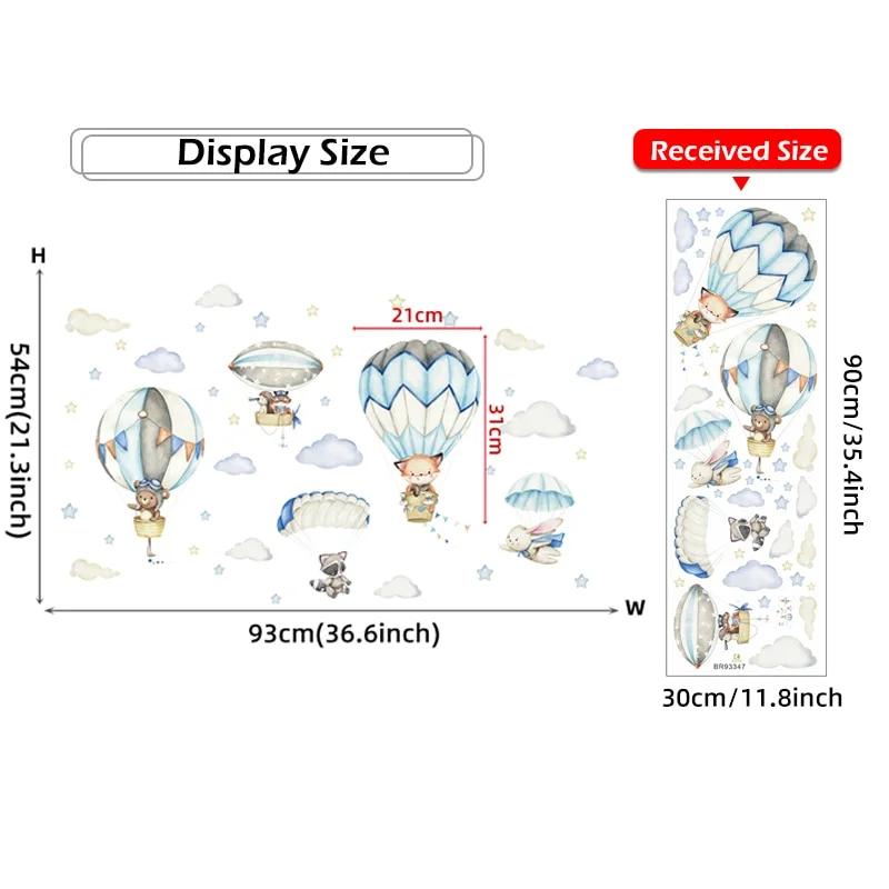 Sdrawing Animals Hot Air Balloon Clouds Wall Stickers Blue Color for Kids Room Baby Nursery Room Wall Decals Boy Room Stickers