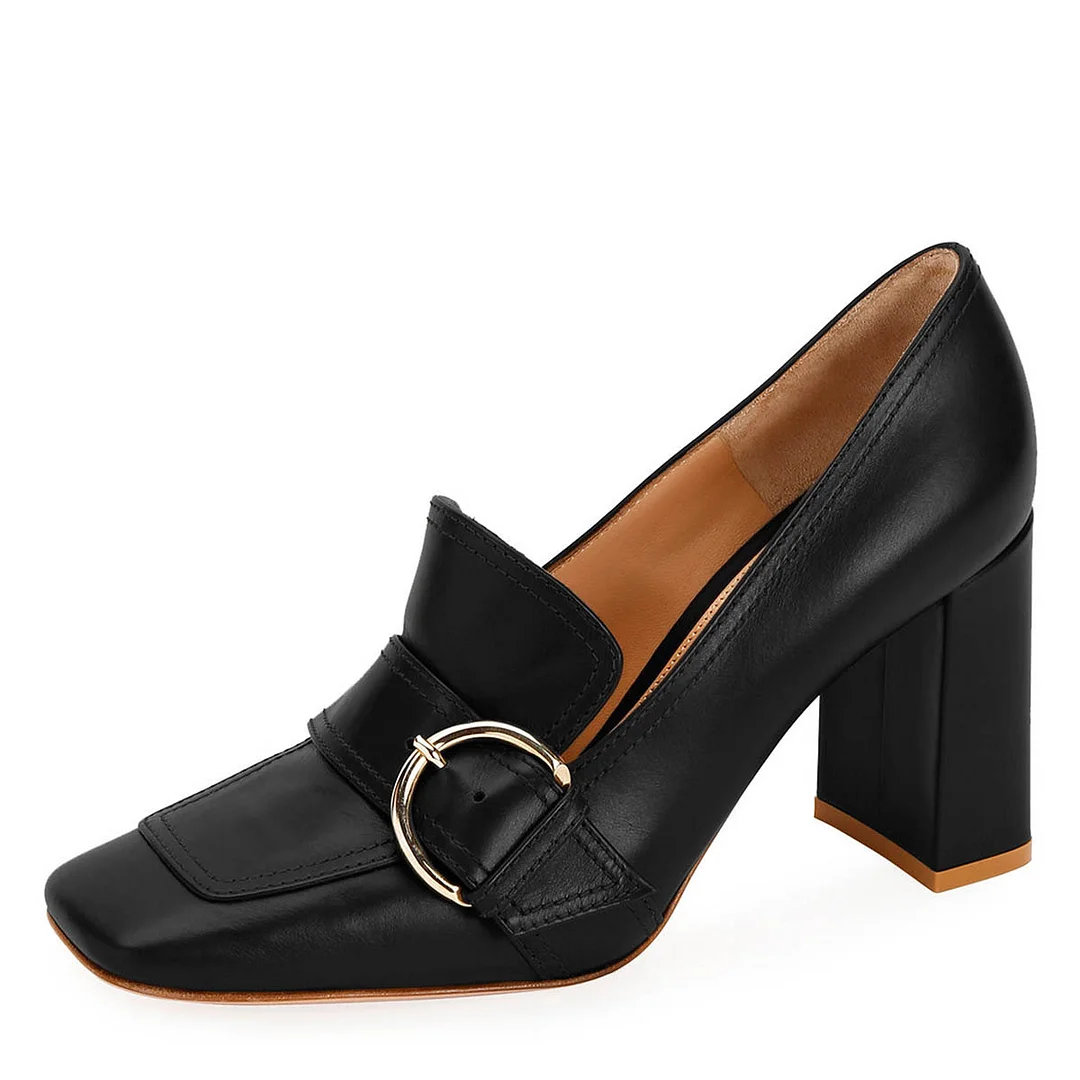Classic Black Vegan Leather Square Toe Buckle Chunky Heeled Loafers